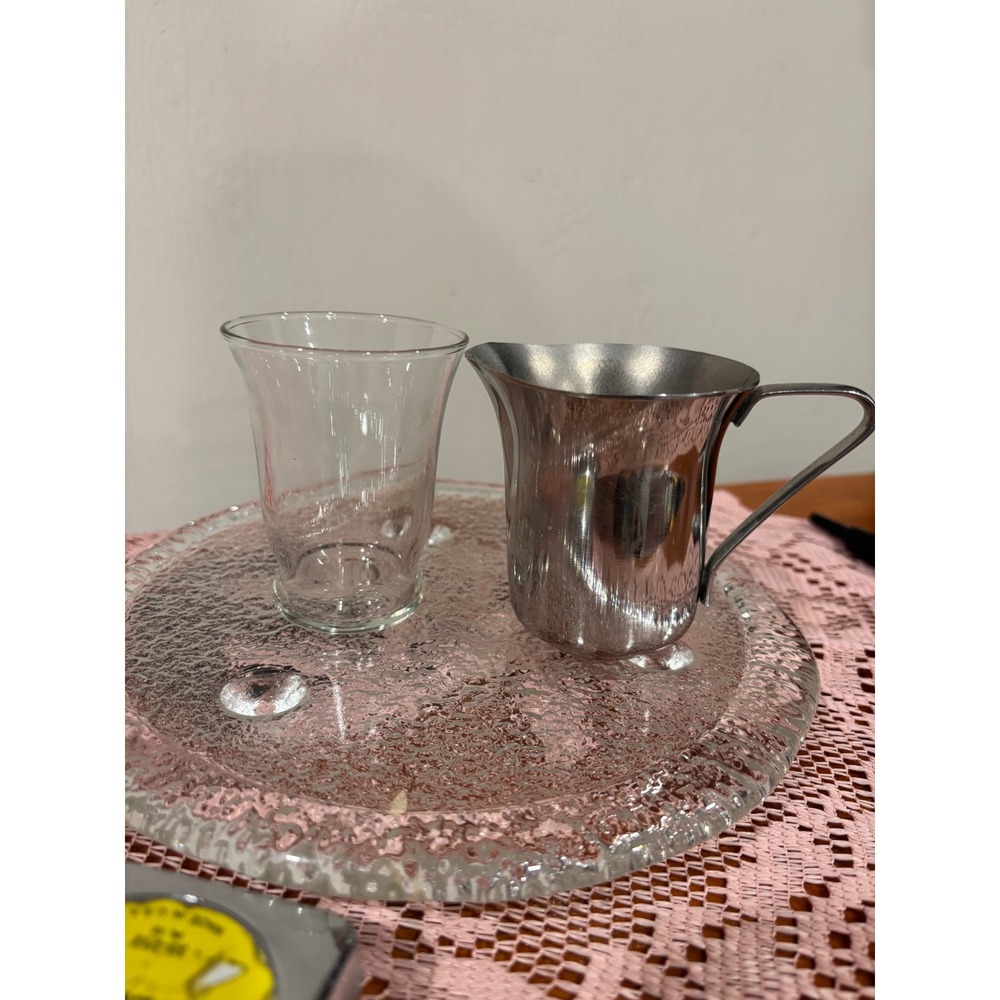 Stainless Steel Creamer Pitcher and Clear Glass Set Vintage Coffee Service